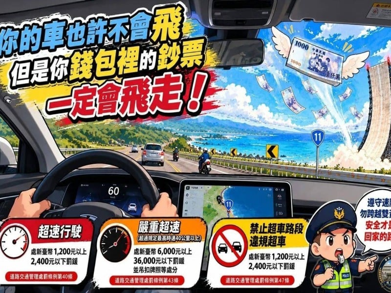 你的車也許不會飛，但錢包裡的鈔票一定會飛走！成功警籲臺11線勿超速、勿跨越雙黃線超車